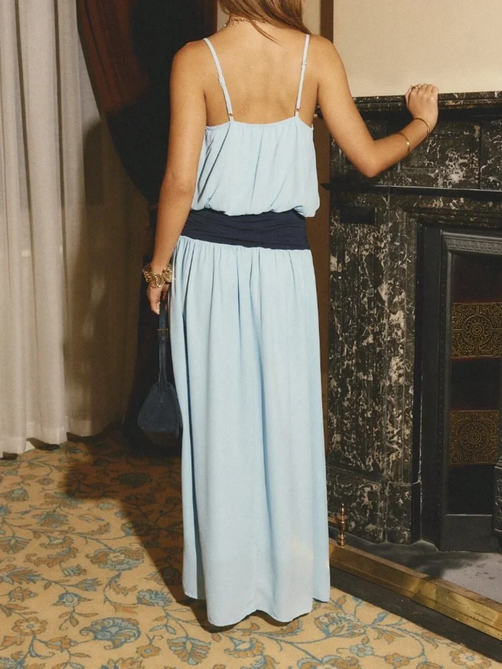 Blue Casual Women's Spaghetti Strap Contrast Waist High Slit Maxi Dress